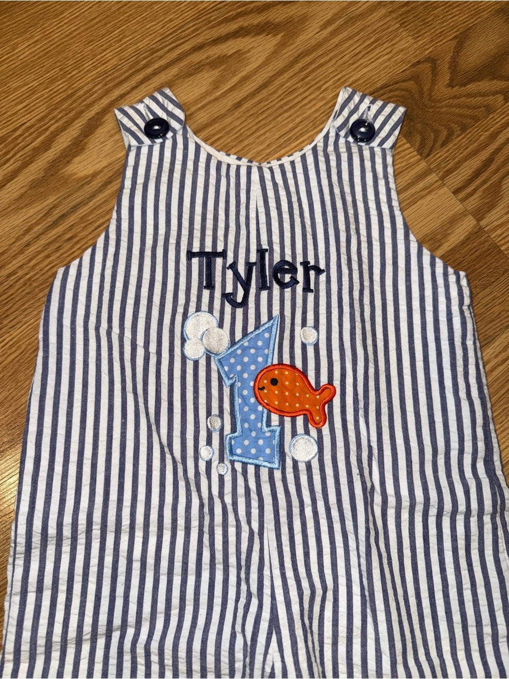 Monogrammed TYLER Embroidered Age 1 BIRTHDAY romper overalls jumpsuit 12m